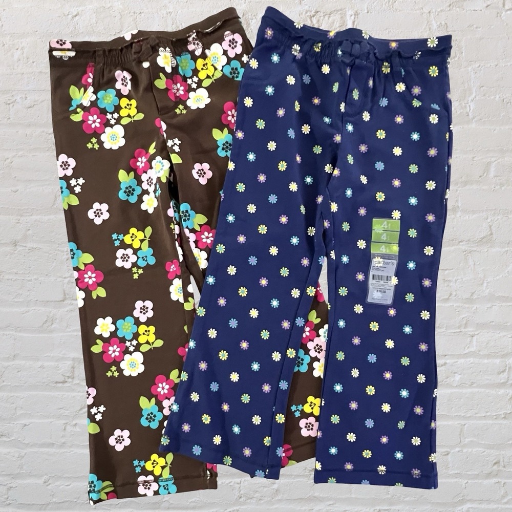 Carter's Girls Flare Floral Leggings Size 4 Stretch Brown Blue Boho Set of 2 NWT